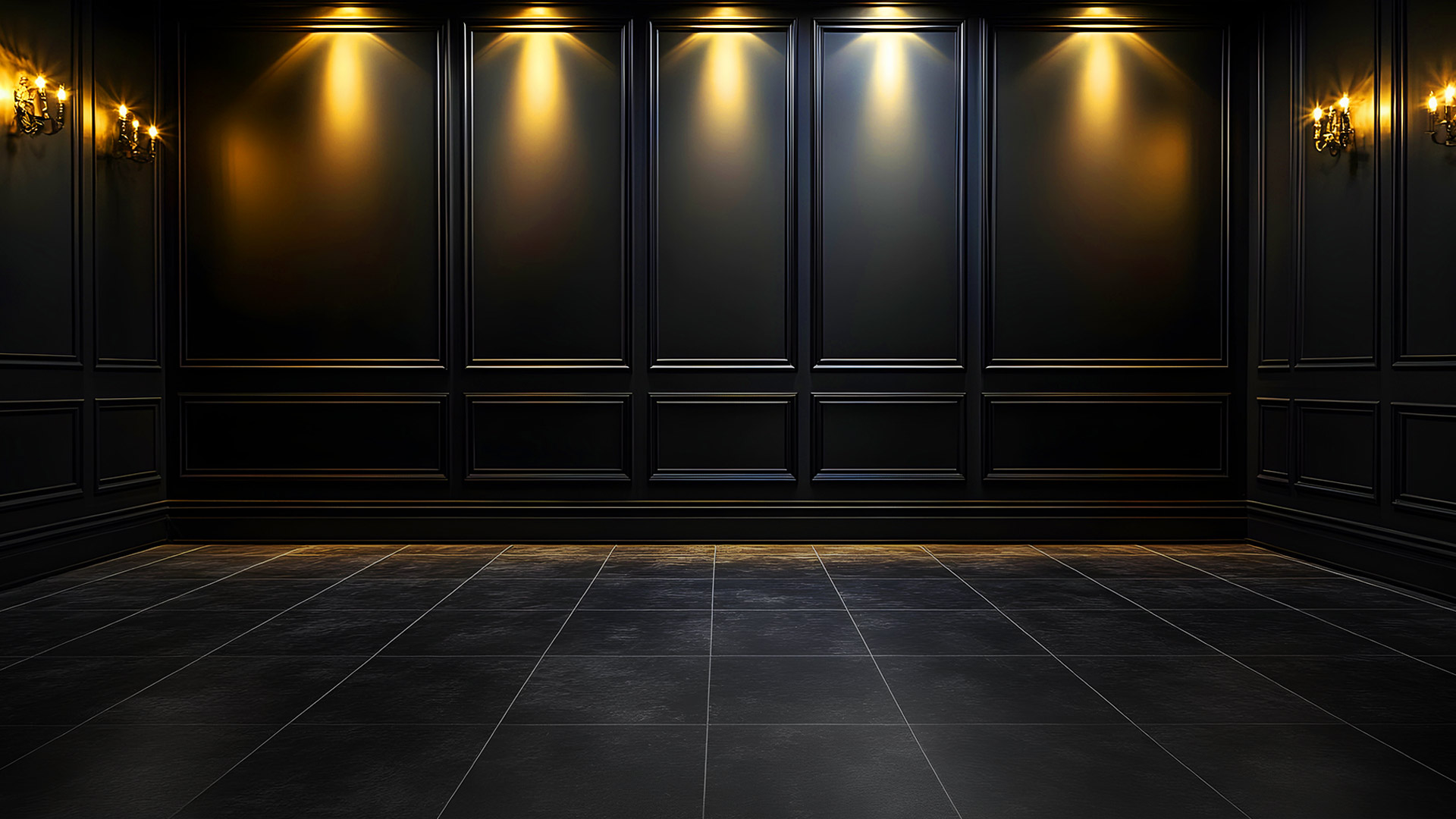 Official Power of Ten empty black salon with symmetrical gold lighting